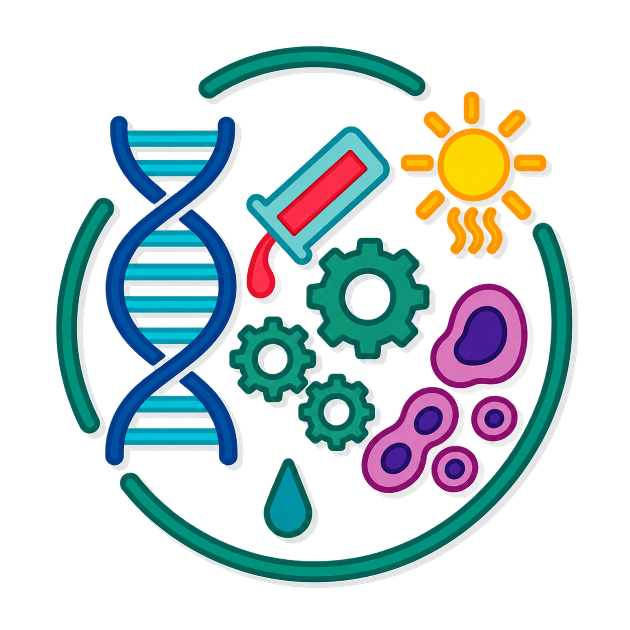 Dewar Lab illustration with DNA, a pipette, gears and cells.